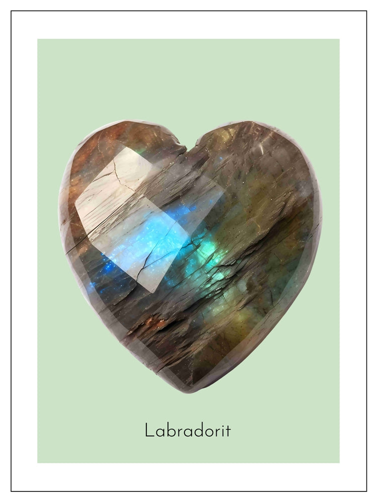 Obraz, plakát, krystaly ve tvaru srdce, labradorit, zelená s vlastním textem, dárek pro dítě do dětského pokoje, ZivotniOkamziky.cz