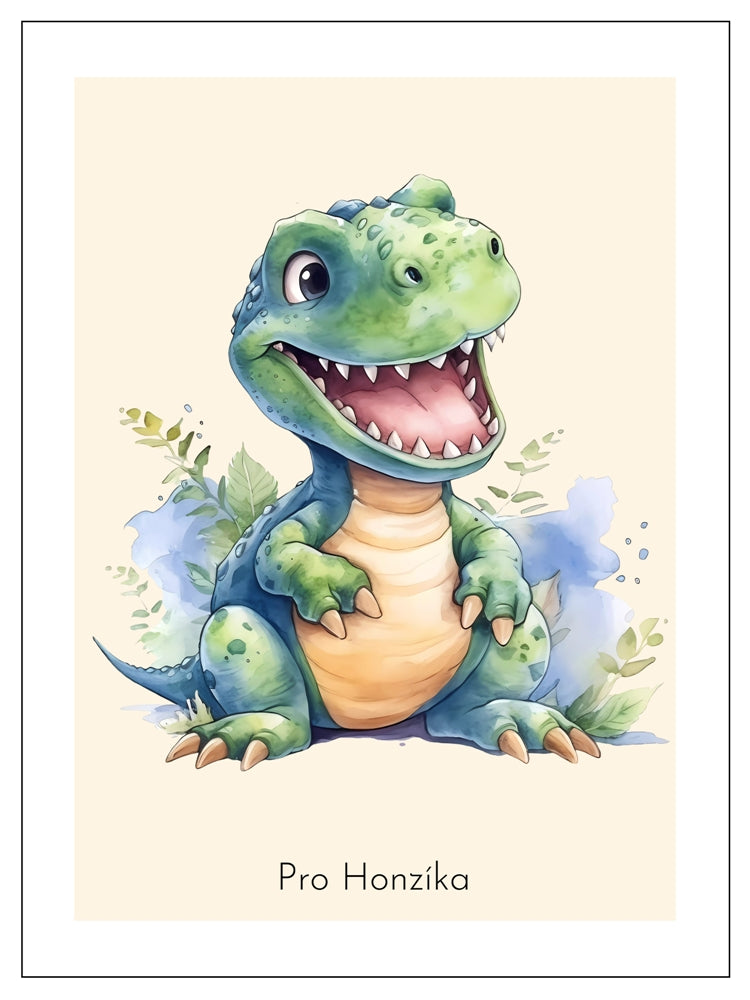 Obraz, plakát, roztomilá a veselá dinosauří mláďata, béžová s vlastním textem, dárek pro dítě do dětského pokoje, ZivotniOkamziky.cz