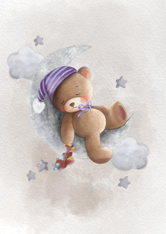 Obraz, plakát, spící medvídek na měsíci, letadélko, béžová s vlastním textem, dárek pro dítě do dětského pokoje, ZivotniOkamziky.cz