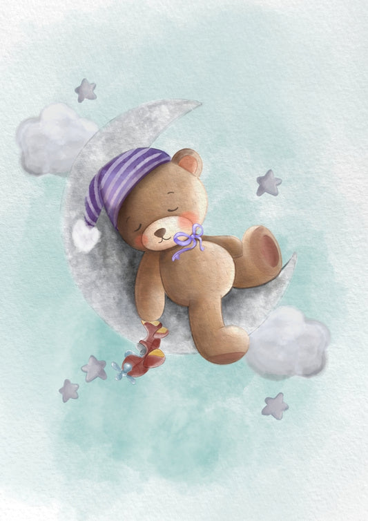 Obraz, plakát, spící medvídek na měsíci, letadélko, modrá s vlastním textem, dárek pro dítě do dětského pokoje, ZivotniOkamziky.cz