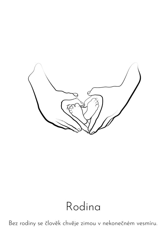 Dárek k narození dítěte - line art dítě a rodiče tvar srdce