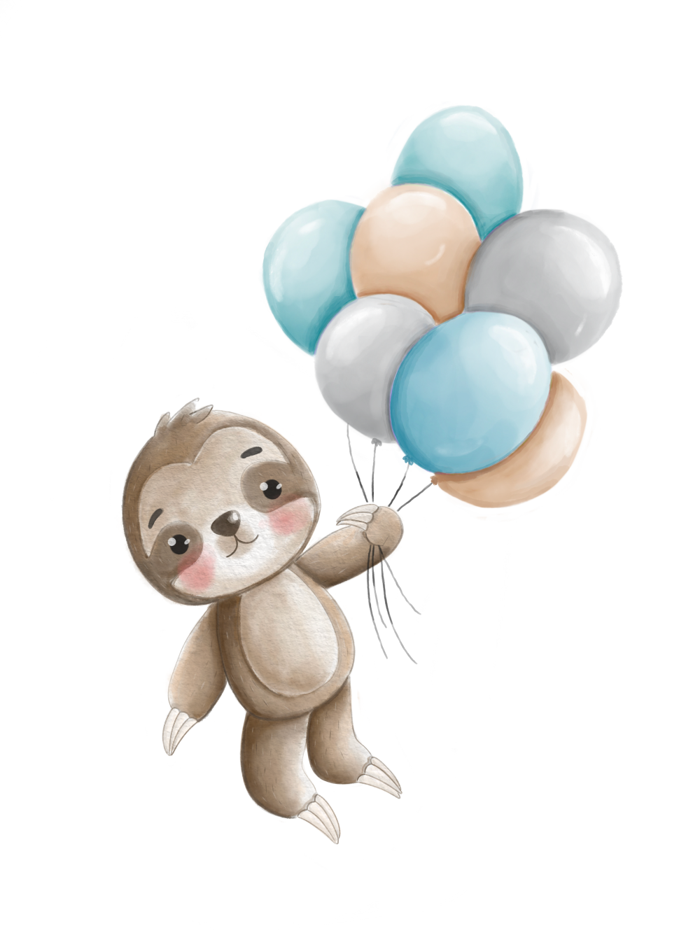 Obraz nebo plakát lenochod a růžové balónky, bílé pozadí jako dárek do dětského pokoje nebo pro narození dítěte | ZivotniOkamziky.cz