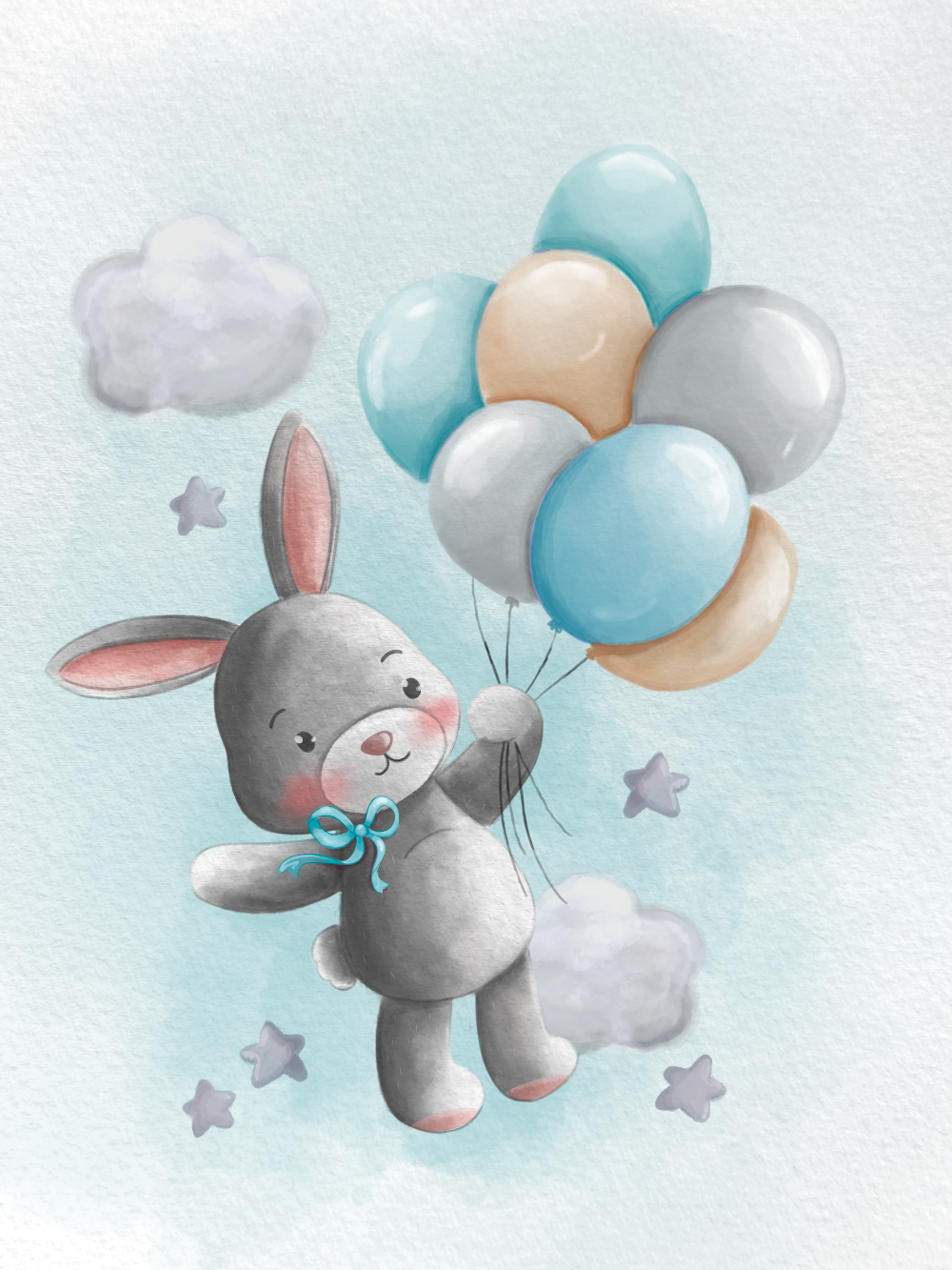 Obraz nebo plakát zajíček a tyrkysové, modré balónky a pozadí jako dárek do dětského pokoje nebo pro narození dítěte | ZivotniOkamziky.cz