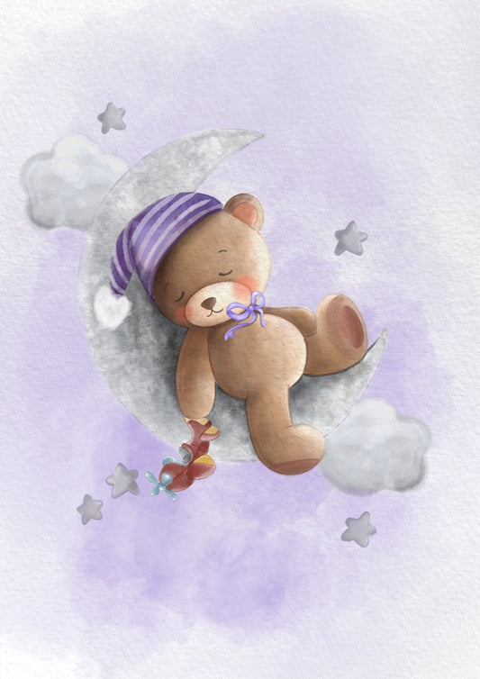 Obraz, plakát, spící medvídek na měsíci, letadélko, fialová s vlastním textem, dárek pro dítě do dětského pokoje, ZivotniOkamziky.cz