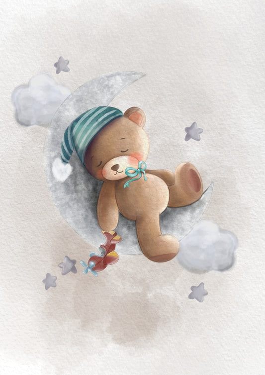 Obraz, plakát, spící medvídek na měsíci, letadélko, béžová s vlastním textem, dárek pro dítě do dětského pokoje, ZivotniOkamziky.cz