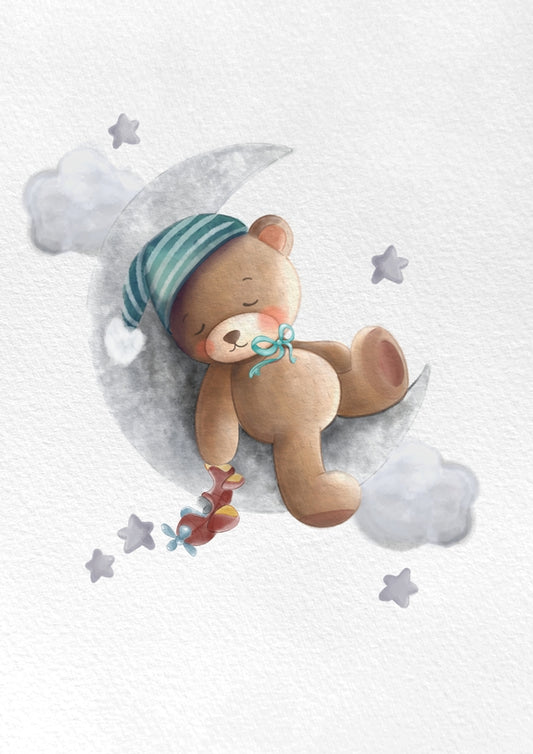 Obraz, plakát, spící medvídek na měsíci, letadélko, bílá s vlastním textem, dárek pro dítě do dětského pokoje, ZivotniOkamziky.cz
