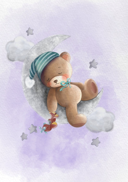 Obraz, plakát, spící medvídek na měsíci, letadélko, fialová s vlastním textem, dárek pro dítě do dětského pokoje, ZivotniOkamziky.cz