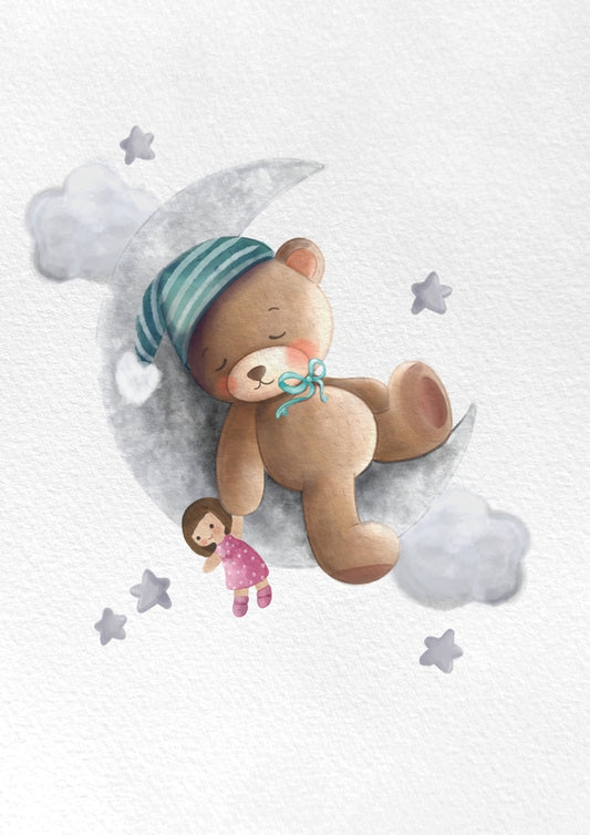Obraz, plakát, spící medvídek na měsíci, panenka, bílá s vlastním textem, dárek pro dítě do dětského pokoje, ZivotniOkamziky.cz