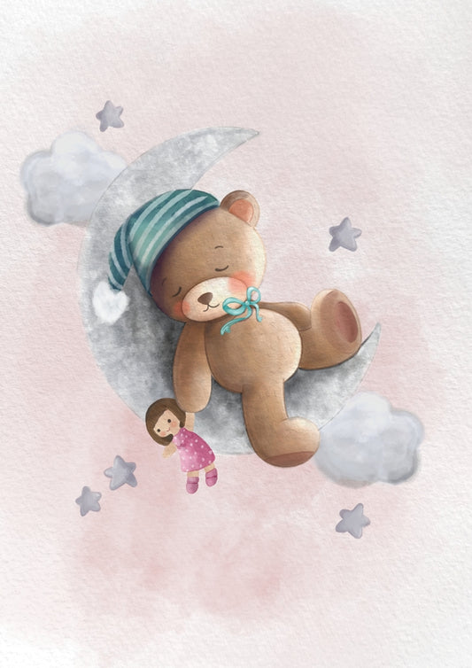 Obraz, plakát, spící medvídek na měsíci, panenka, růžová s vlastním textem, dárek pro dítě do dětského pokoje, ZivotniOkamziky.cz