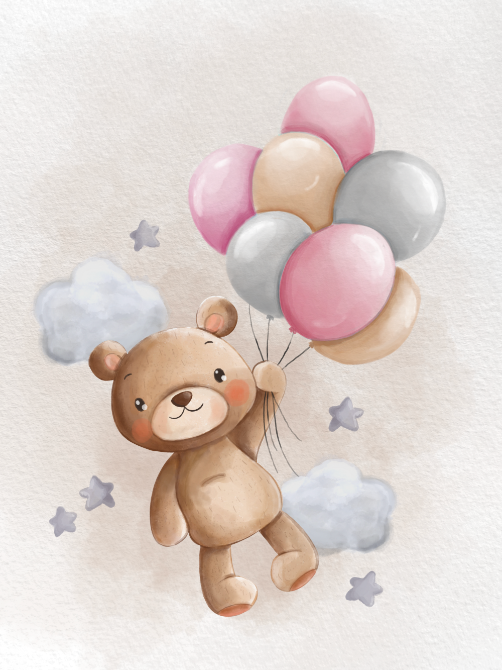 Obraz nebo plakát medvídek s růžovými balónky, béžové pozadí jako dárek do dětského pokoje nebo pro narození dítěte | ZivotniOkamziky.cz