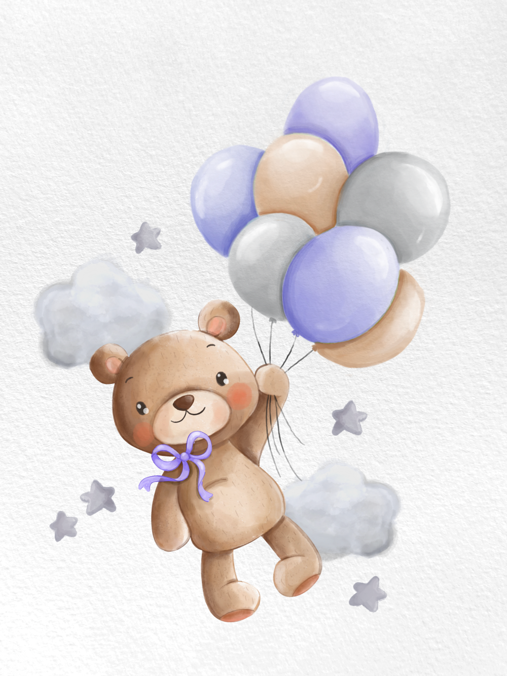 Obraz nebo plakát medvídek s fialovými balónky a mašlí na míru jako dárek do dětského pokoje nebo pro narození dítěte | ZivotniOkamziky.cz
