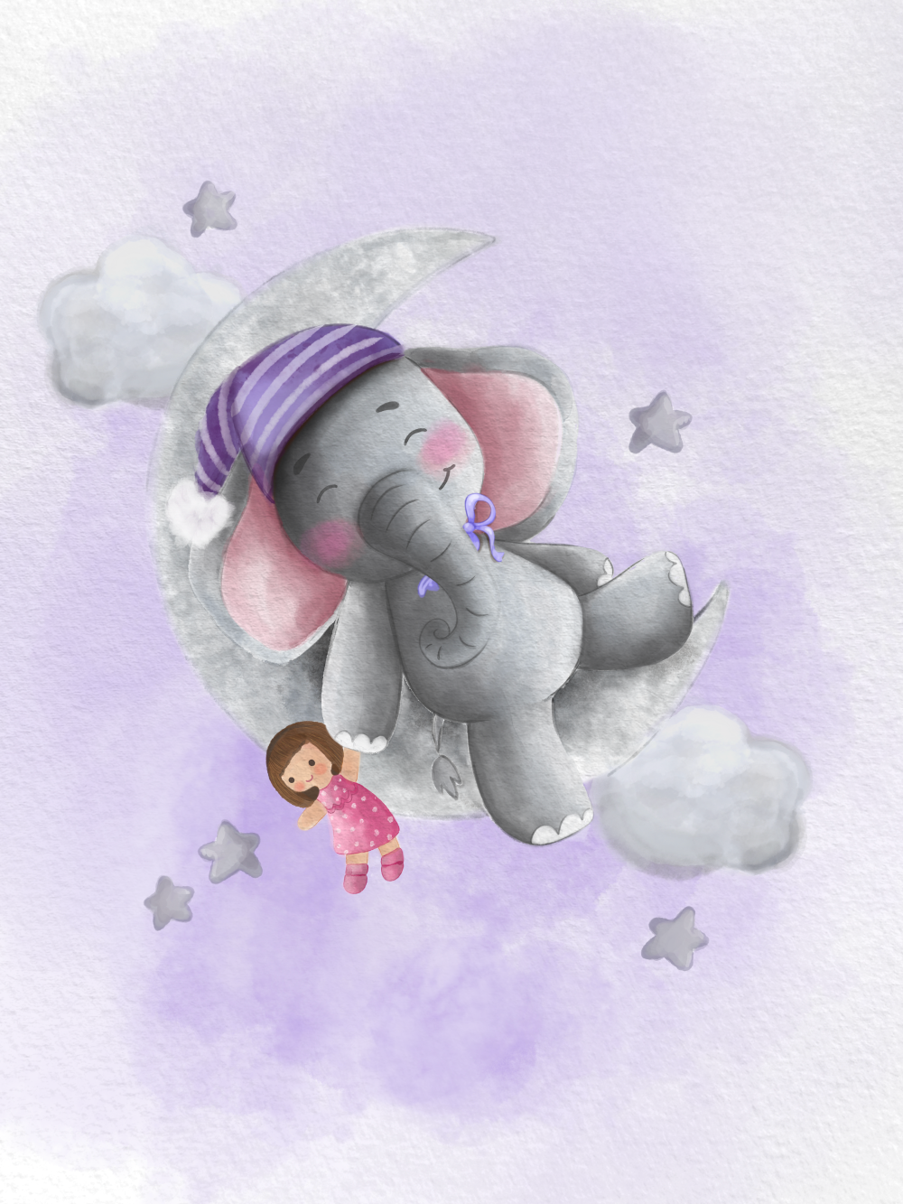 Originální dárek k narození dítěte, miminka, obraz slon na měsíci s čepičkou, mašlí a plyšákem, fialový na plakátu | ZivotniOkamziky.cz