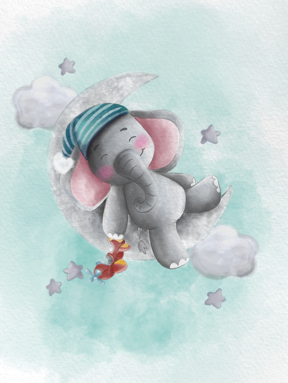 Originální dárek k narození dítěte, miminka, obraz slon na měsíci s čepičkou a letadlem, tyrkysová na plakátu | ZivotniOkamziky.cz