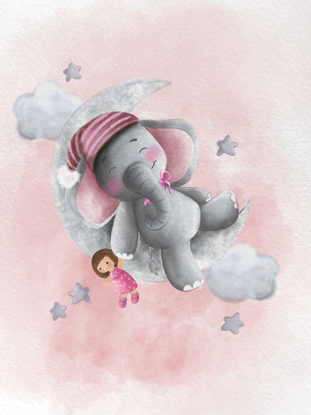 Originální dárek k narození dítěte, miminka, obraz slon na měsíci s čepičkou, mašlí a plyšákem, růžový na plakátu | ZivotniOkamziky.cz