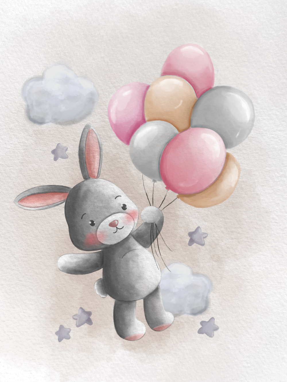 Obraz nebo plakát králíček s růžovými balónky, béžové pozadí jako dárek do dětského pokoje nebo pro narození dítěte | ZivotniOkamziky.cz