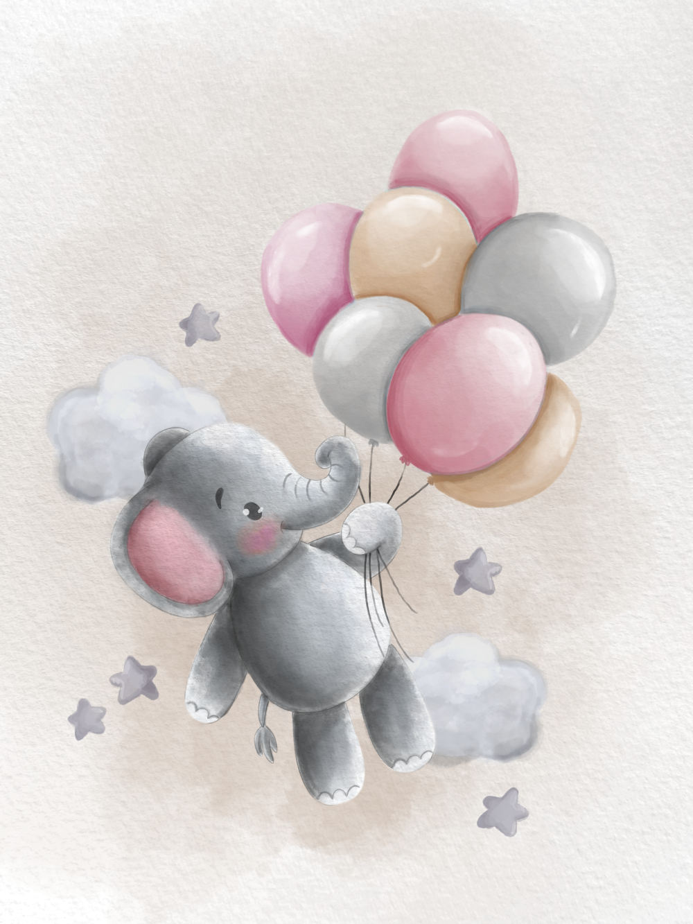 Obraz nebo plakát slon s růžovými balónky, béžové pozadí jako dárek do dětského pokoje nebo pro narození dítěte | ZivotniOkamziky.cz