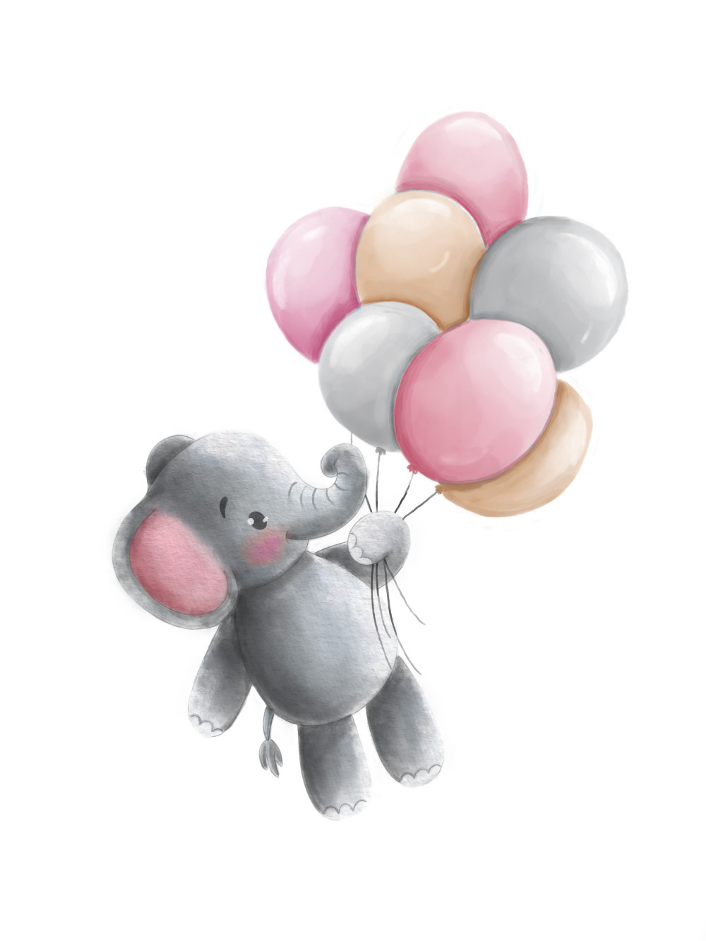 Obraz nebo plakát slon a růžové balónky, bílé pozadí jako dárek do dětského pokoje nebo pro narození dítěte | ZivotniOkamziky.cz