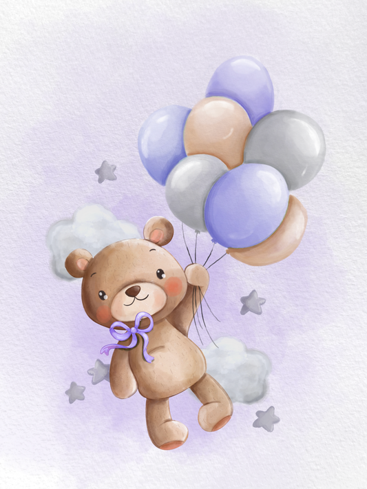 Originální personalizovaný obraz nebo plakát na míru jako dárek pro holčičku, fialový medvídek s balónky | ZivotniOkamziky.cz