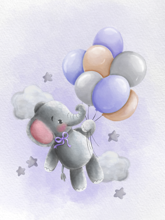 Obraz nebo plakát slon s fialovými balónky a mašlí a pozadím jako dárek do dětského pokoje nebo pro narození dítěte | ZivotniOkamziky.cz