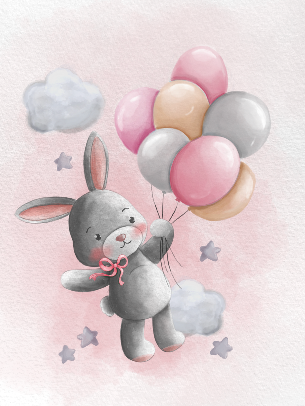 Obraz nebo plakát králíček s růžovými balónky a mašlí a pozadím jako dárek do dětského pokoje nebo pro narození dítěte | ZivotniOkamziky.cz