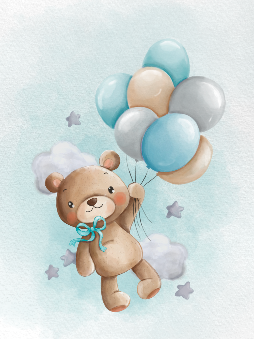 Originální personalizovaný obraz nebo plakát na míru jako dárek pro chlapce, modrý medvídek s balónky | ZivotniOkamziky.cz