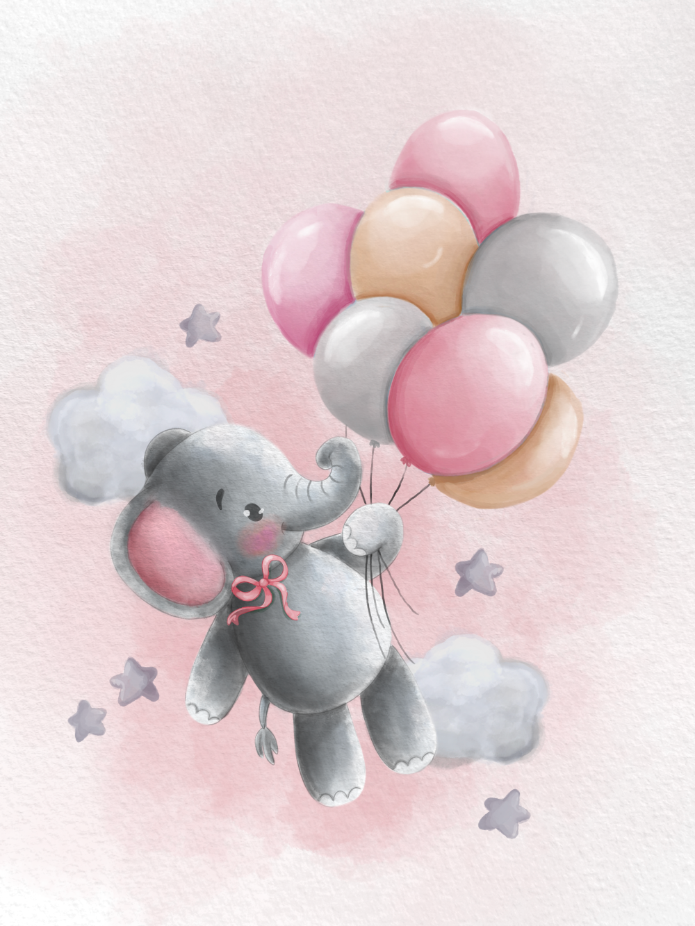 Obraz nebo plakát slon s růžovými balónky a mašlí a pozadím jako dárek do dětského pokoje nebo pro narození dítěte | ZivotniOkamziky.cz