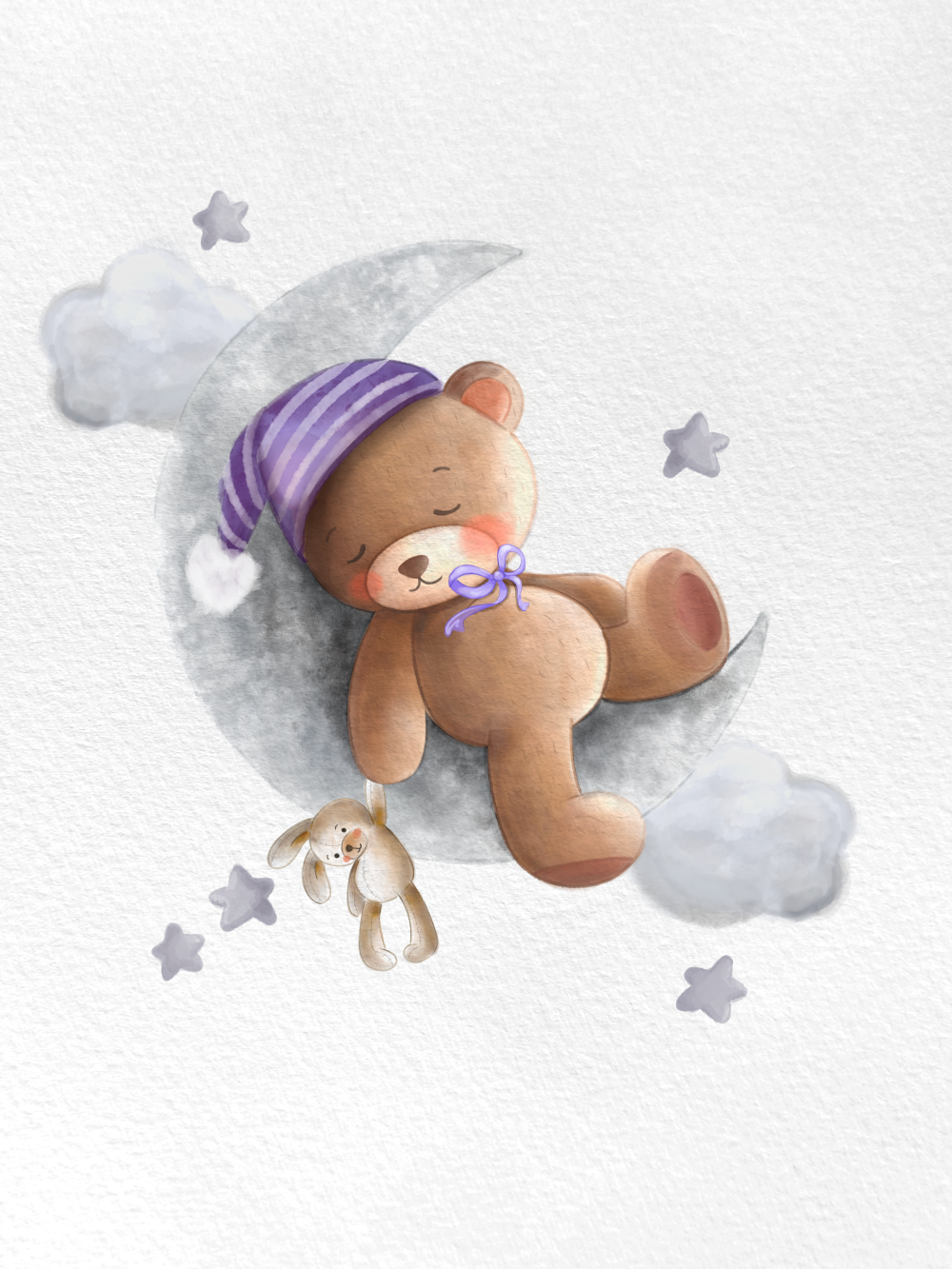 Originální dárek k narození dítěte, miminka, obraz medvídek na měsíci s čepičkou, mašlí a plyšákem vytištěný na plakát | ZivotniOkamziky.cz